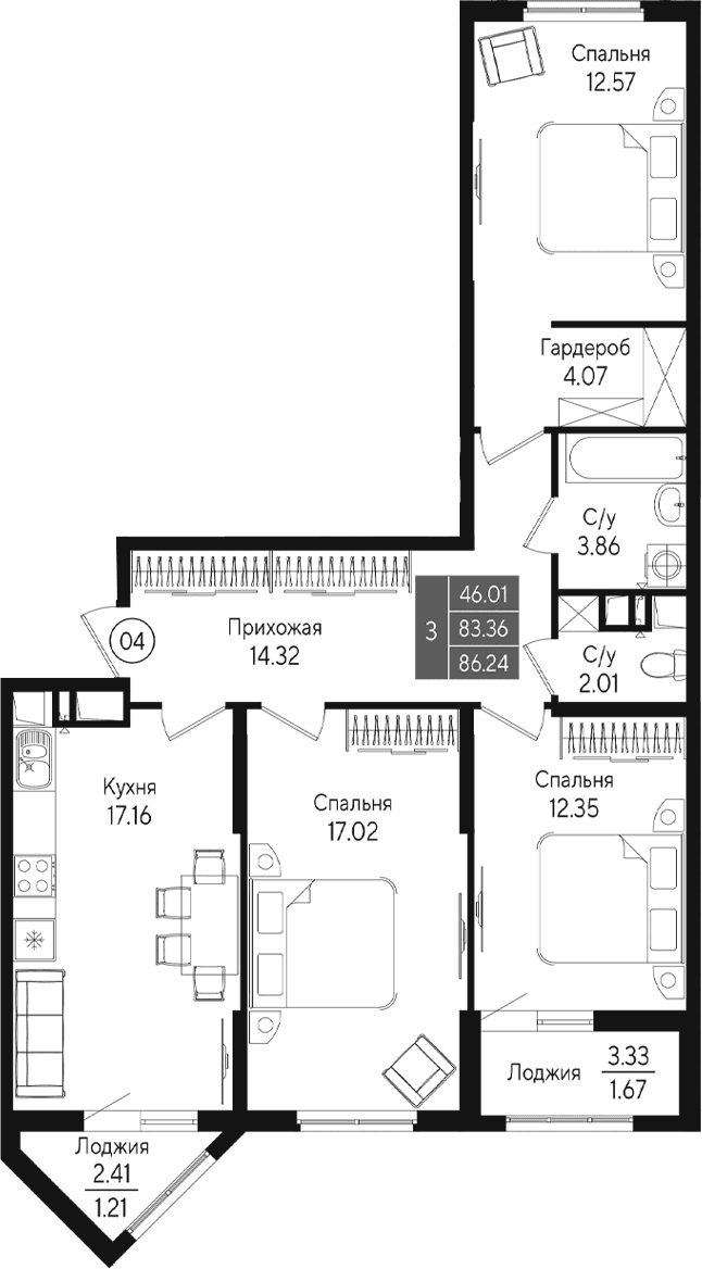 3-комн., 83.36 м²