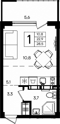 Студия, 22.9 м²
