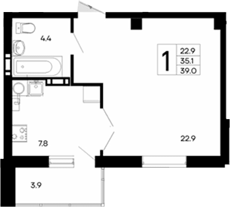 1-комн., 35.1 м²