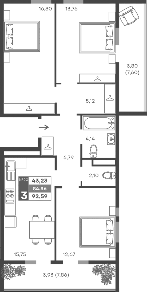 3-комн., 77.13 м²