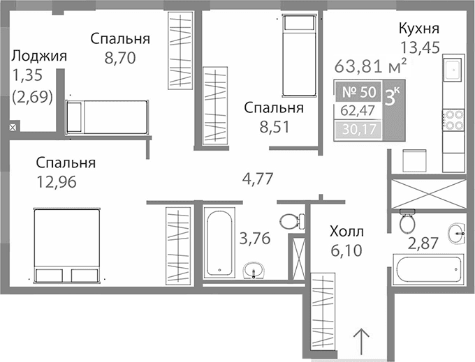 3-комн., 61.12 м²