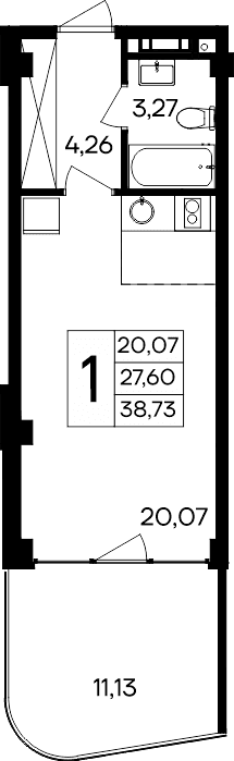Студия, 27.6 м²