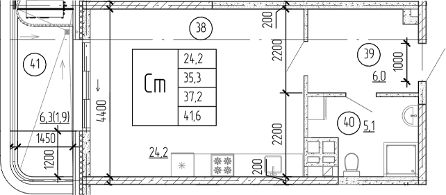 Студия, 39.7 м²