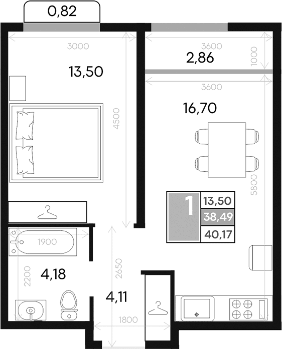 1-комн., 38.49 м²