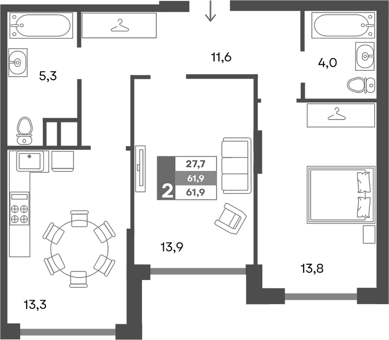 2-комн., 61.9 м²