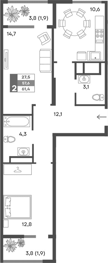2-комн., 57.6 м²