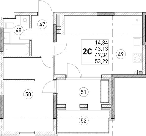 1-комн., 43.13 м²