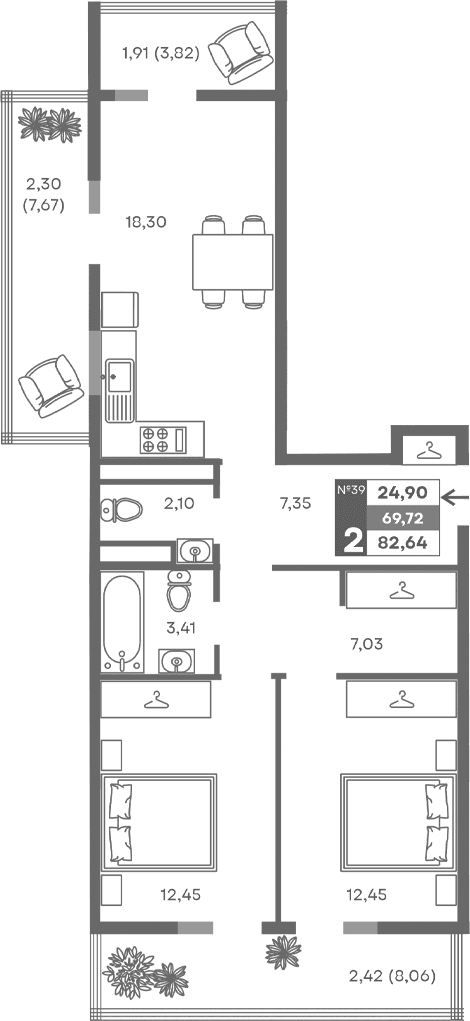 2-комн., 63.09 м²