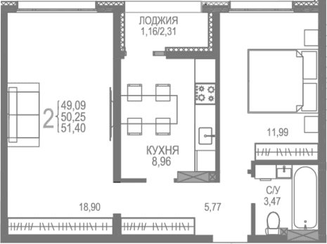 2-комн., 50.24 м²