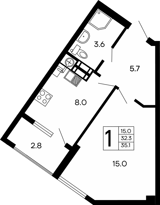 1-комн., 32.3 м²