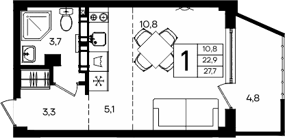 Студия, 22.9 м²