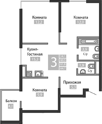 3-комн., 60.5 м²