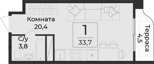 Студия, 29.2 м²