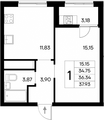 1-комн., 34.75 м²
