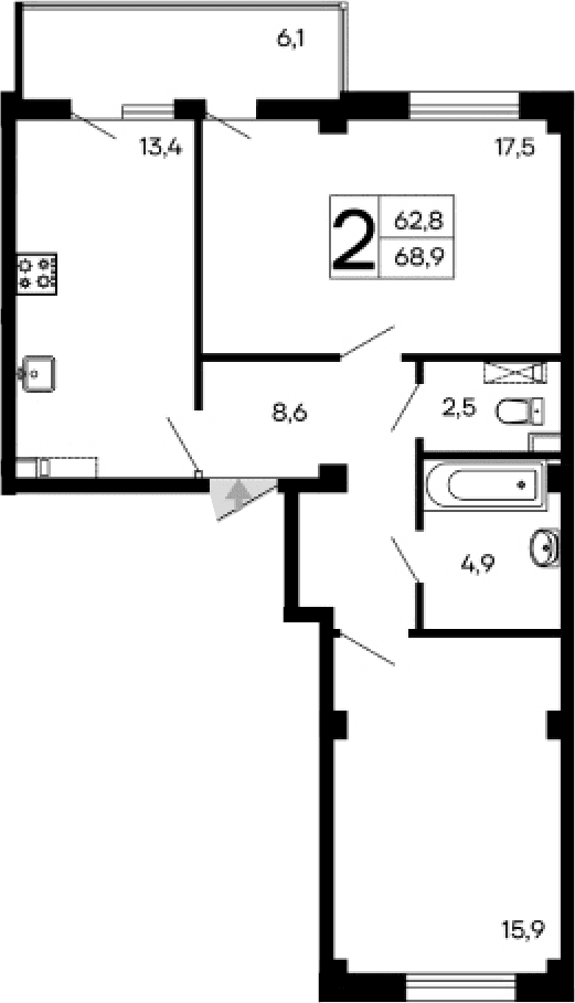 2-комн., 62.8 м²
