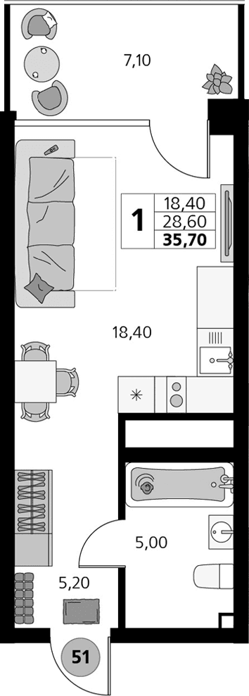 Студия, 27.8 м²