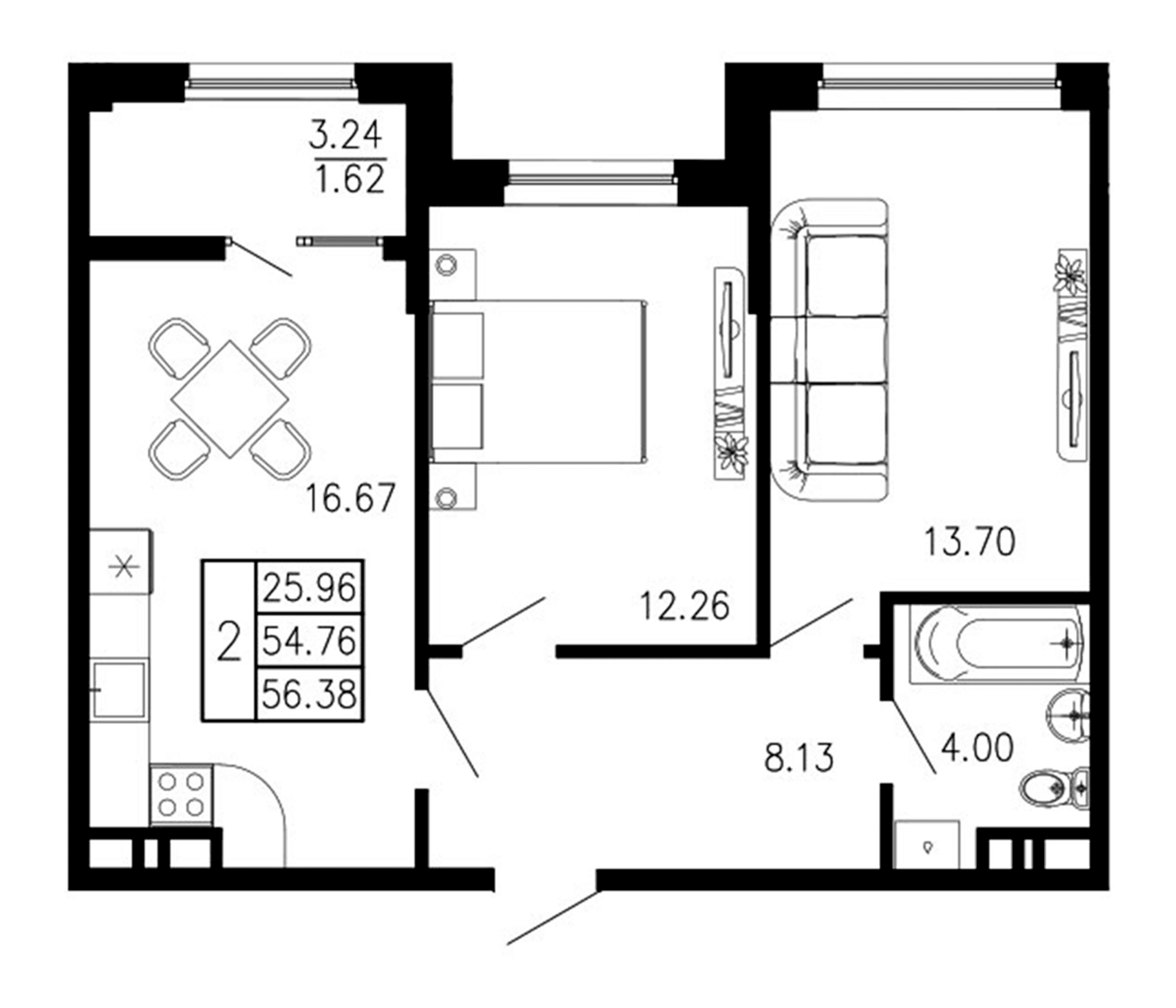 2-комн., 54.76 м²