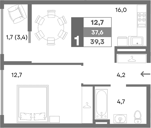 1-комн., 37.6 м²