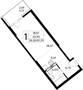 Студия, 35.31 м²