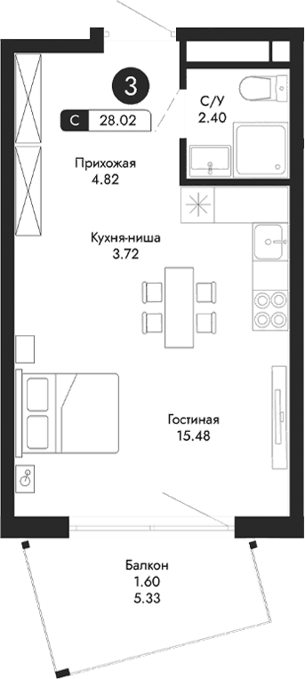Студия, 26.42 м²
