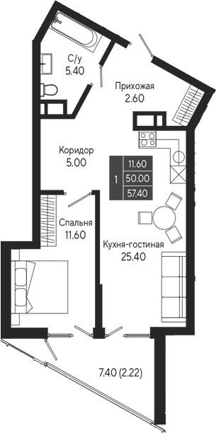 1-комн., 50 м²