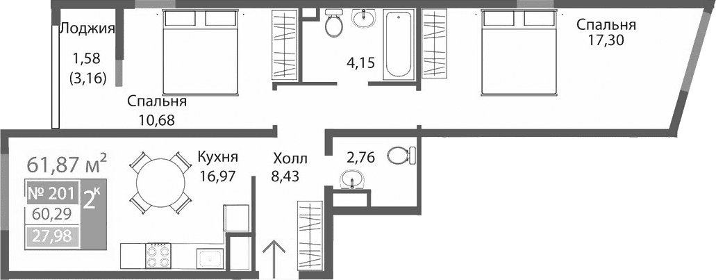 2-комн., 60.29 м²