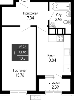 1-комн., 37.92 м²