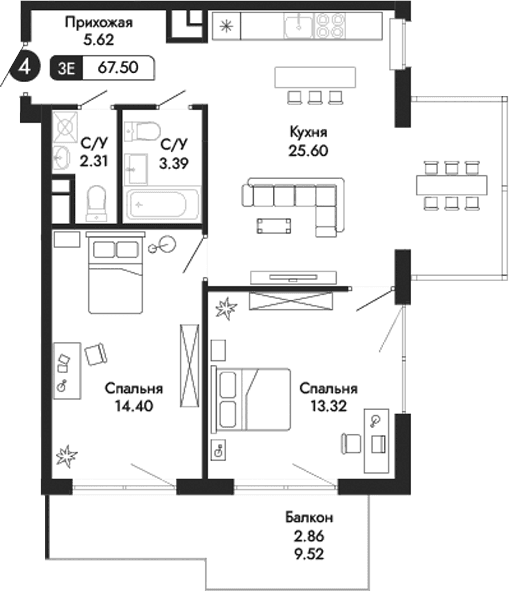 3-комн., 64.64 м²