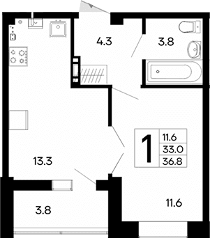 1-комн., 33 м²