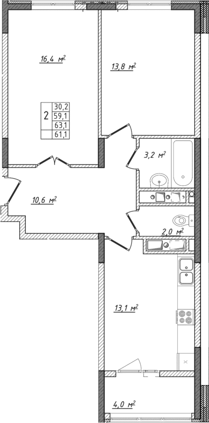 2-комн., 59.1 м²