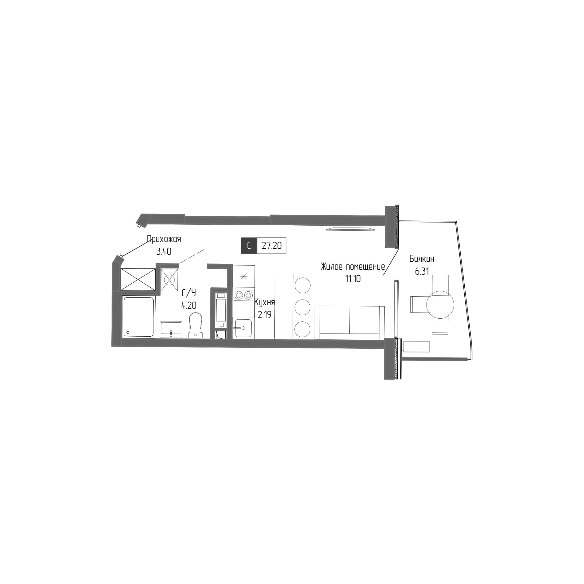 Студия, 20.89 м²