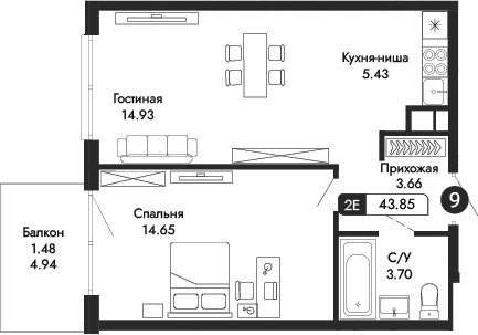 2-комн., 42.37 м²