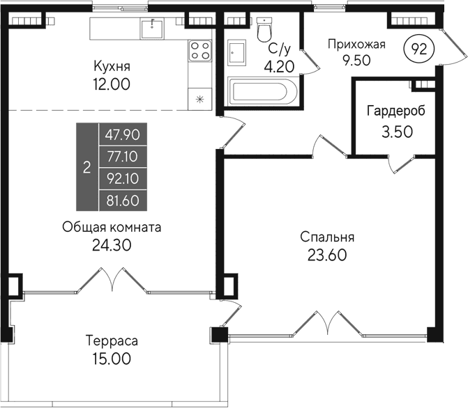2-комн., 77.1 м²
