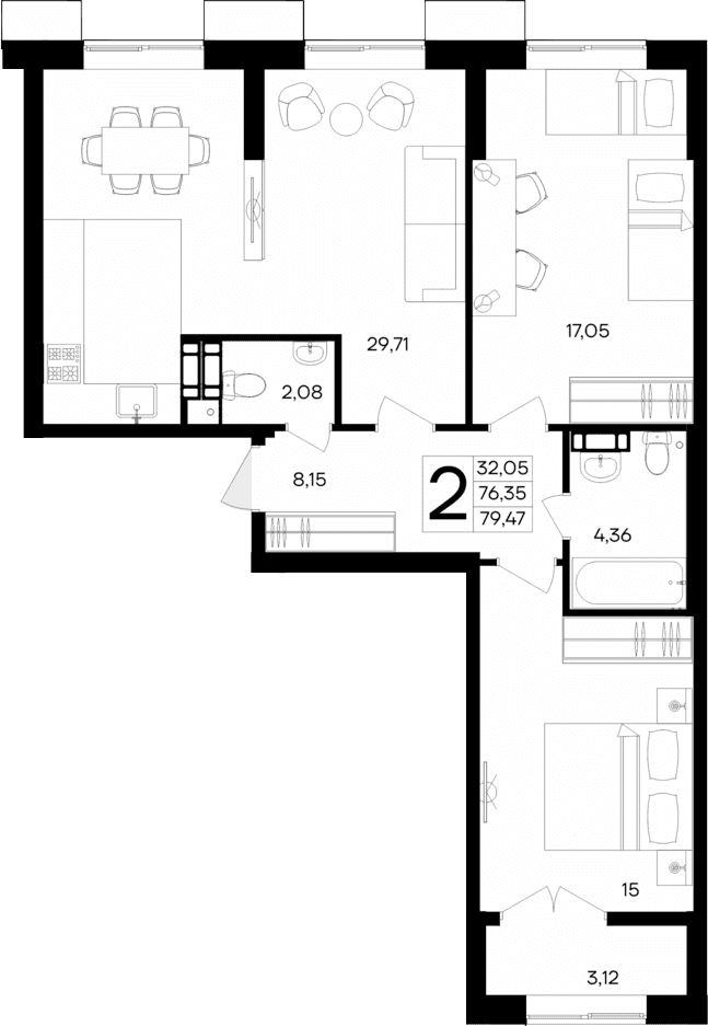 2-комн., 76.35 м²