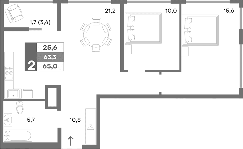 2-комн., 63.3 м²