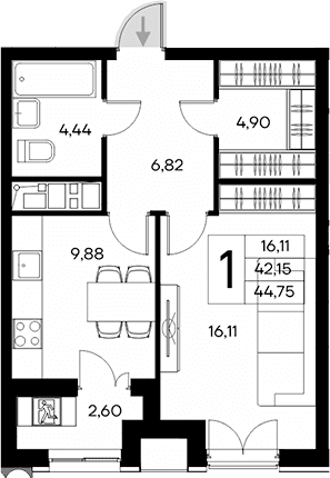 1-комн., 42.15 м²