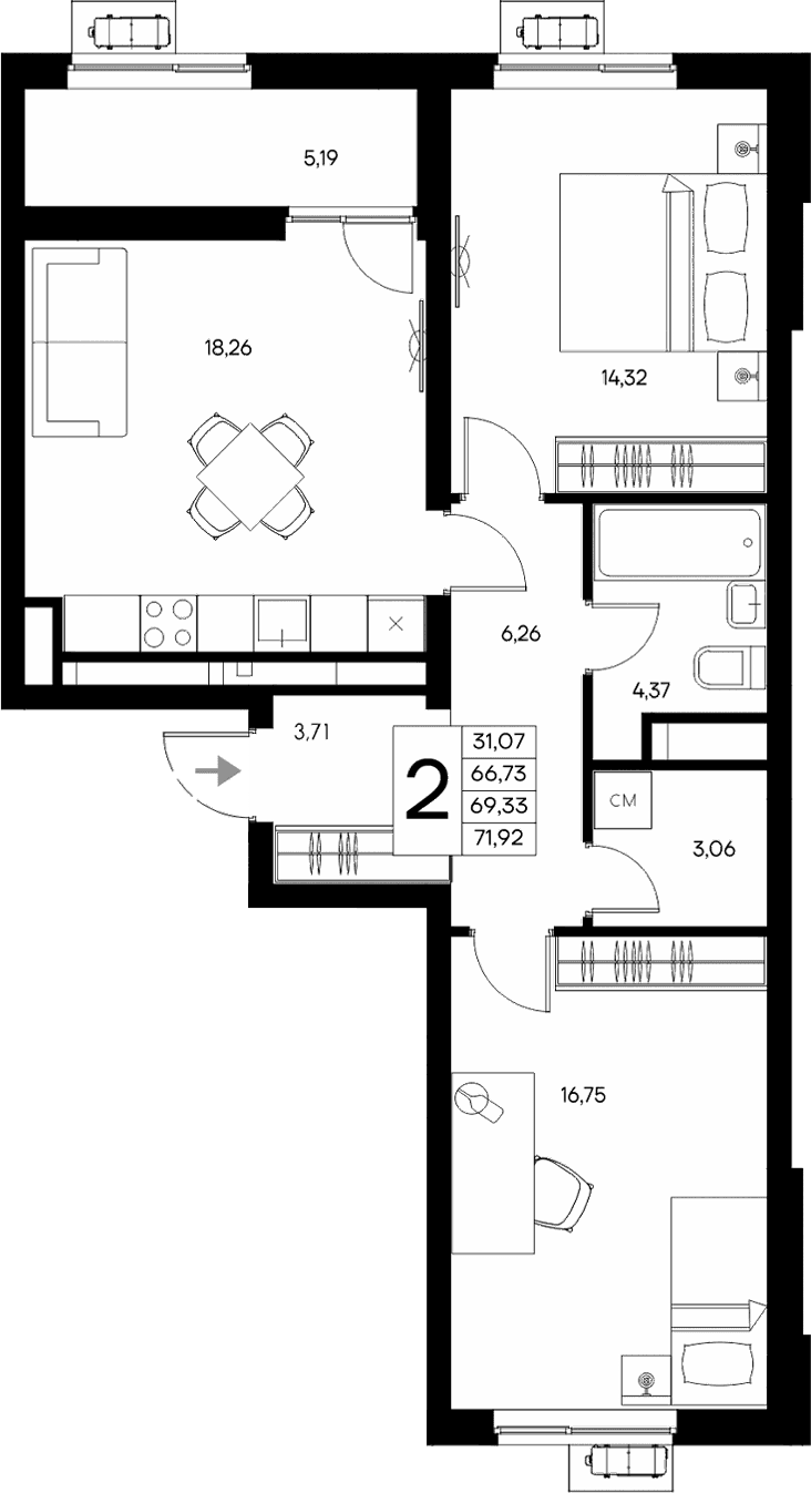 2-комн., 66.73 м²