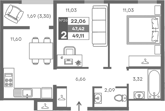 2-комн., 45.73 м²