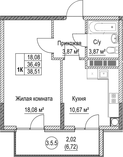 1-комн., 36.49 м²