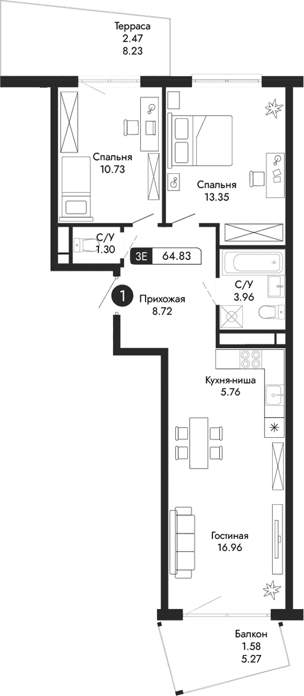 3-комн., 60.78 м²