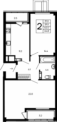 2-комн., 59.1 м²