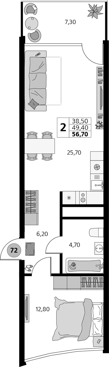 2-комн., 49.4 м²