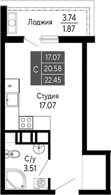 Студия, 20.58 м²