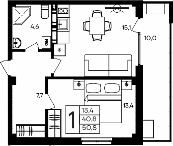 1-комн., 40.8 м²