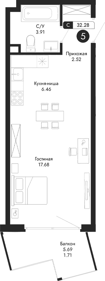 Студия, 30.57 м²