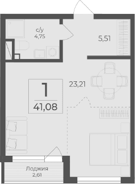 Студия, 38.47 м²