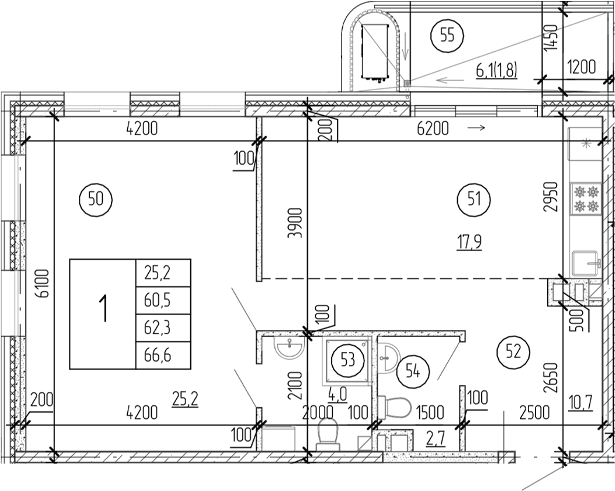 1-комн., 60.5 м²