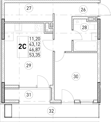 2-комн., 43.12 м²