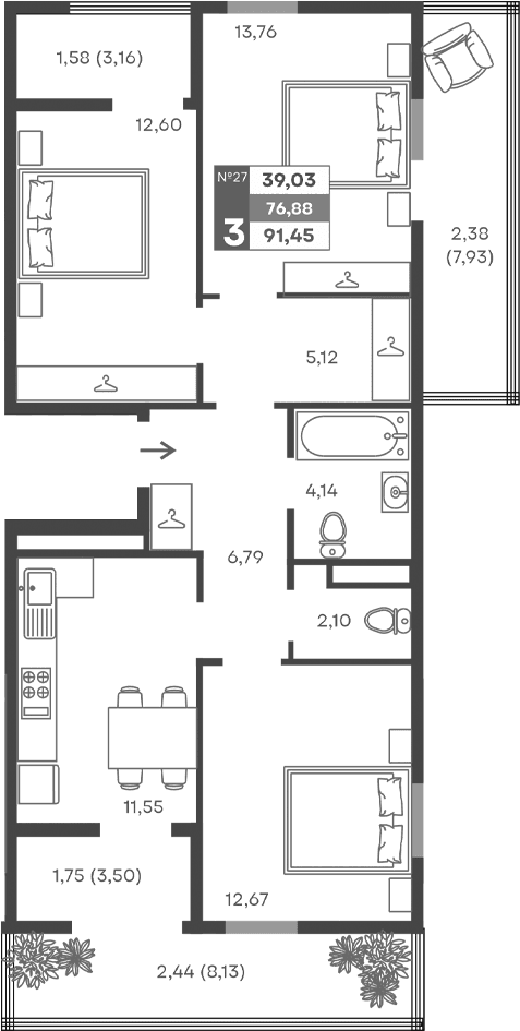 3-комн., 68.73 м²
