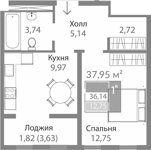 1-комн., 34.32 м²